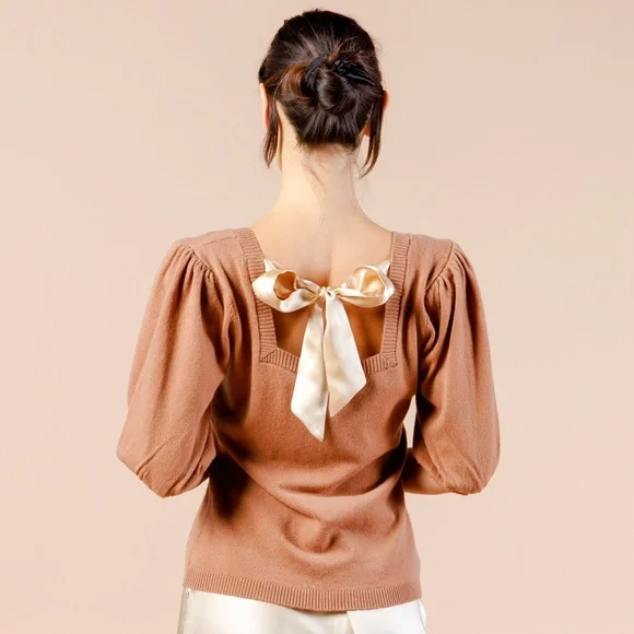 Puff Sleeve Cashmere Sweater w Silk Bow, Square Neck Knit, Silk Bow Tie Back - Picture 7 of 12